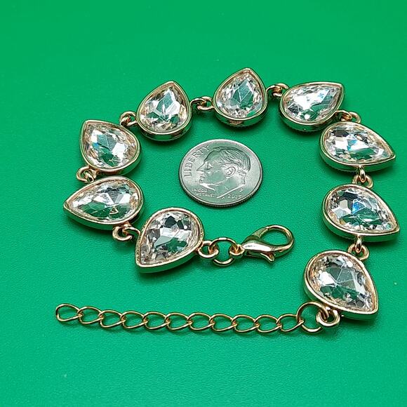 Clear Teardrop Rhinestone Bracelet, Gold Tone, 8 1/2 In - Picture 8 of 8